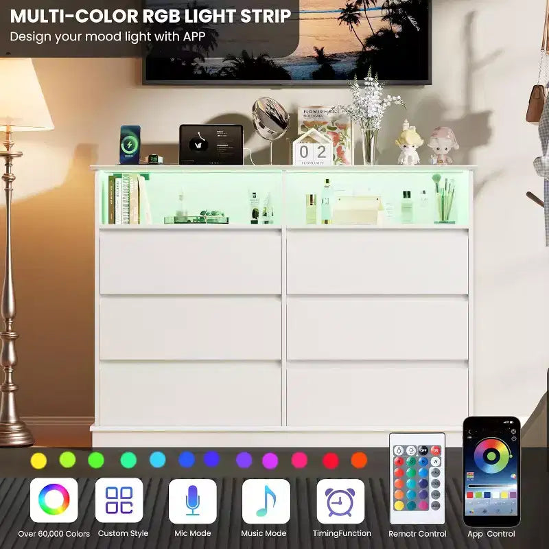Commode à 6 tiroirs avec lumières LED et station de charge, grand meuble de rangement moderne pour chambre et salon