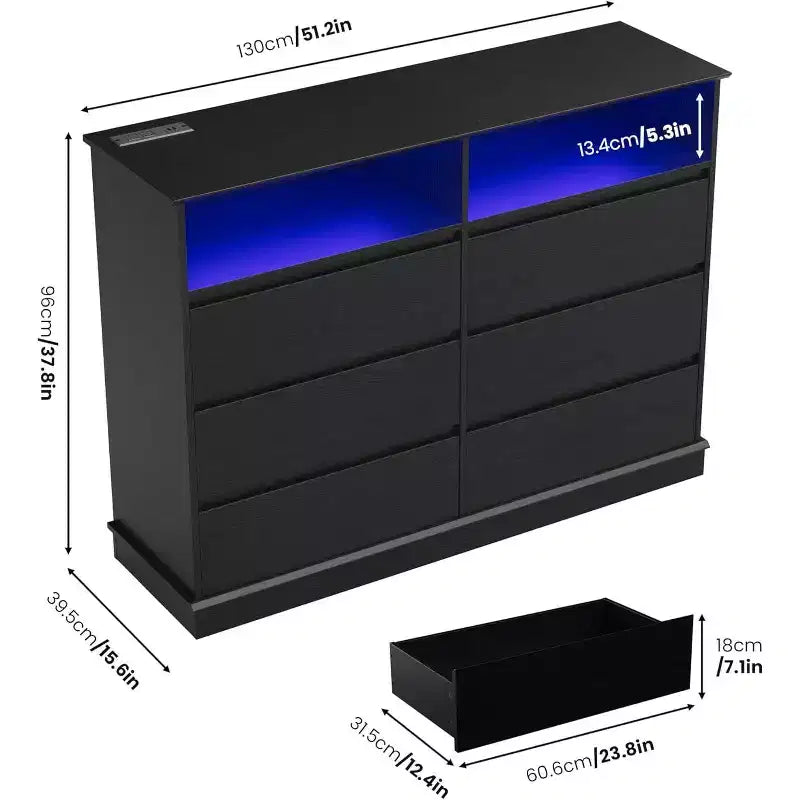 Commode à 6 tiroirs avec lumières LED et station de charge, grand meuble de rangement moderne pour chambre et salon