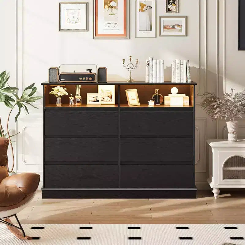 Commode à 6 tiroirs avec lumières LED et station de charge, grand meuble de rangement moderne pour chambre et salon