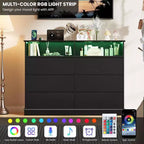 Commode à 6 tiroirs avec lumières LED et station de charge, grand meuble de rangement moderne pour chambre et salon