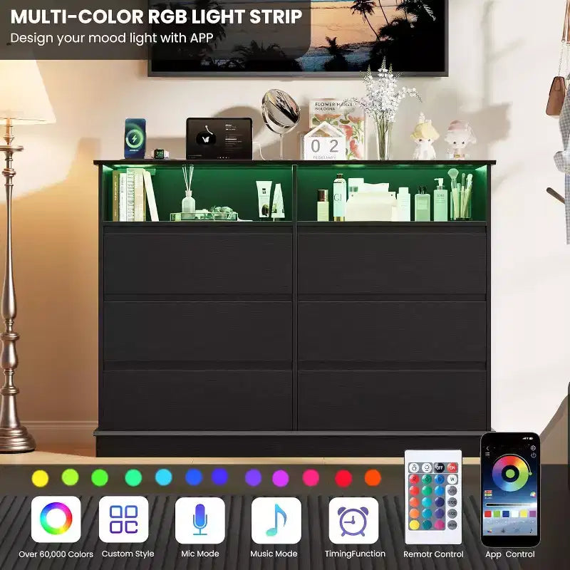 Commode à 6 tiroirs avec lumières LED et station de charge, grand meuble de rangement moderne pour chambre et salon