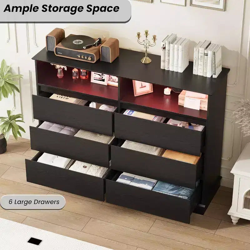 Commode à 6 tiroirs avec lumières LED et station de charge, grand meuble de rangement moderne pour chambre et salon