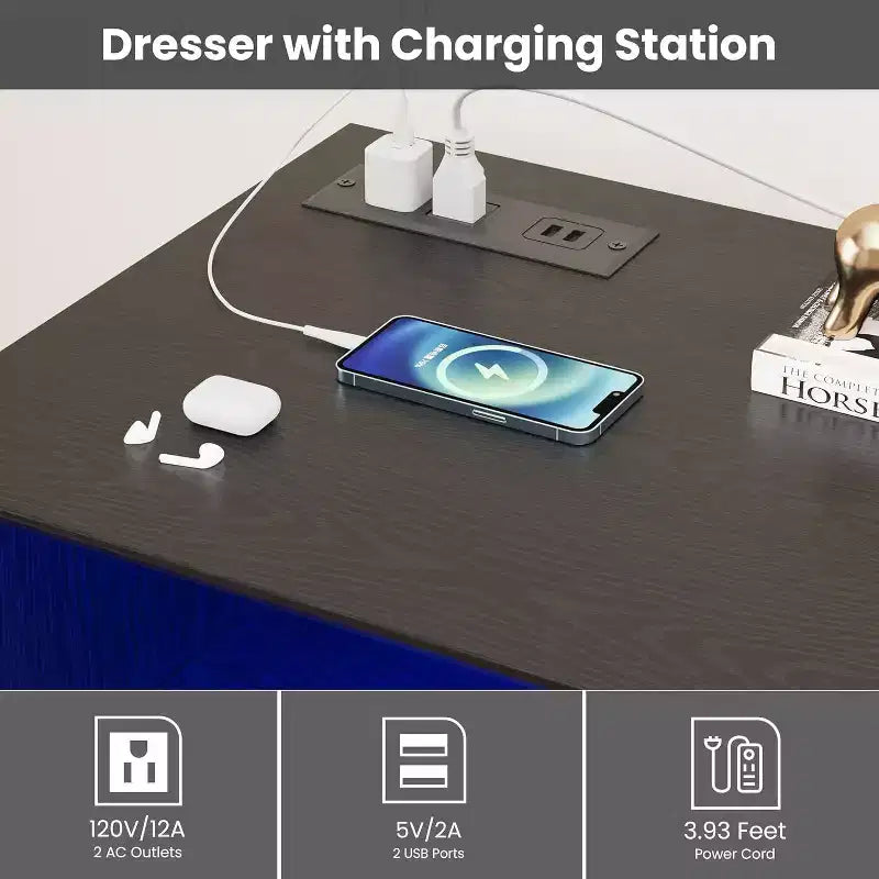 Commode à 6 tiroirs avec lumières LED et station de charge, grand meuble de rangement moderne pour chambre et salon