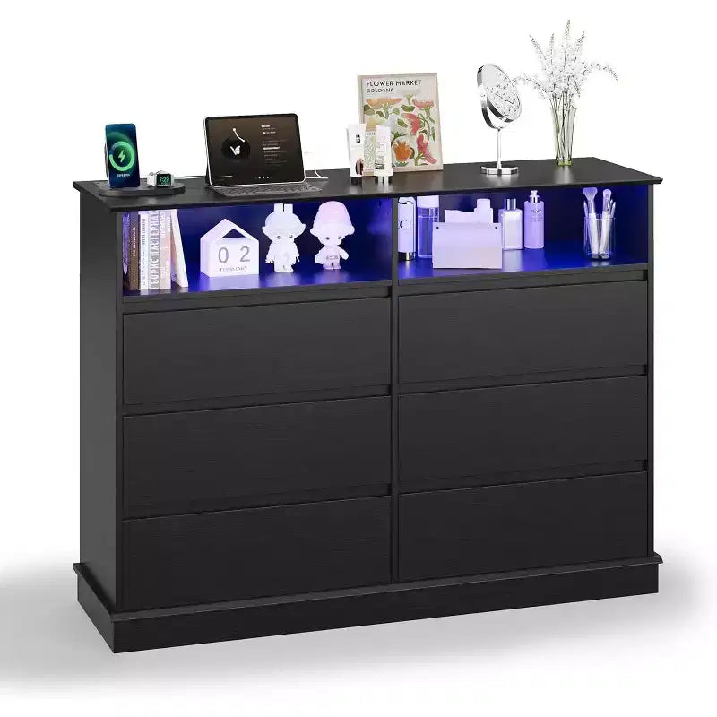 Acekool 6-Drawer Dresser with LED Lights & Charging Station, Modern Wide Storage Chest for Bedroom & Living Room
