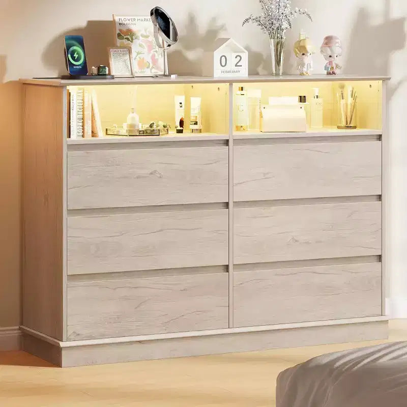 Commode à 6 tiroirs avec lumières LED et station de charge, grand meuble de rangement moderne pour chambre et salon