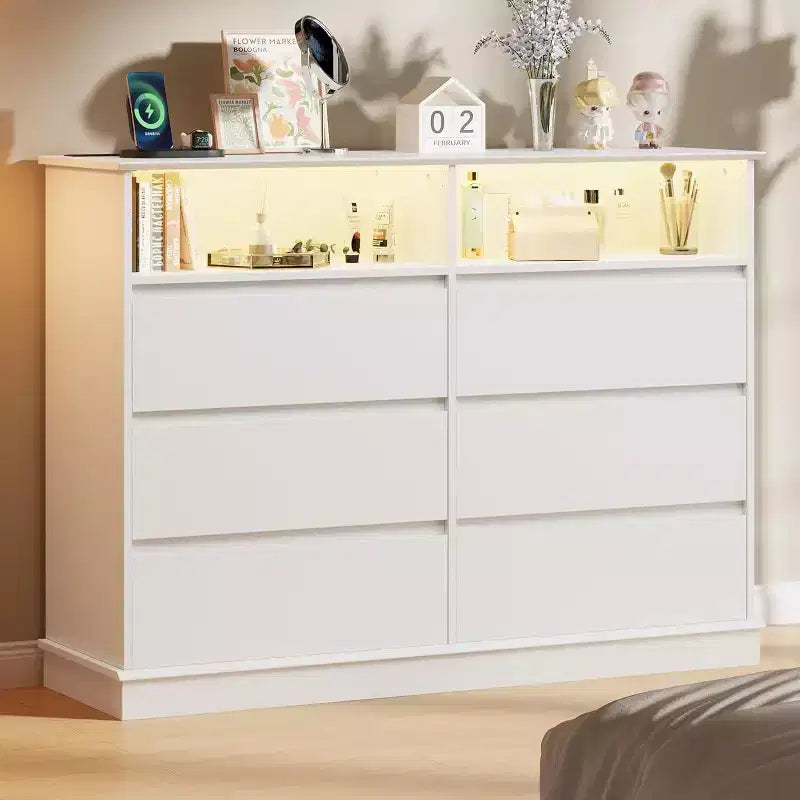 Commode à 6 tiroirs avec lumières LED et station de charge, grand meuble de rangement moderne pour chambre et salon