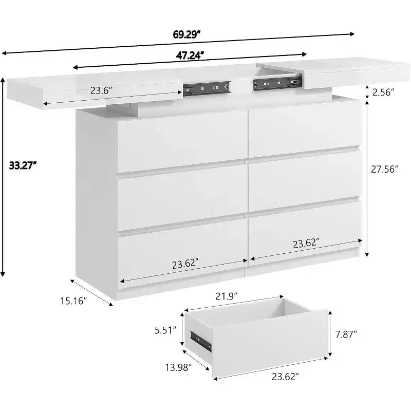 Commode moderne à 6 tiroirs - meuble de rangement avec lumières LED, rangement coulissant supérieur, chambre à coucher, salon