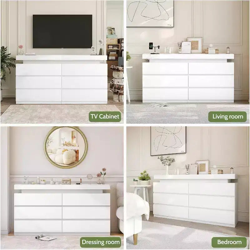 Commode moderne à 6 tiroirs - meuble de rangement avec lumières LED, rangement coulissant supérieur, chambre à coucher, salon