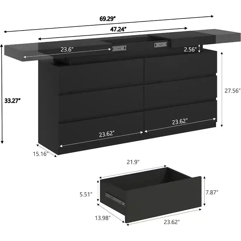 Commode moderne à 6 tiroirs - meuble de rangement avec lumières LED, rangement coulissant supérieur, chambre à coucher, salon