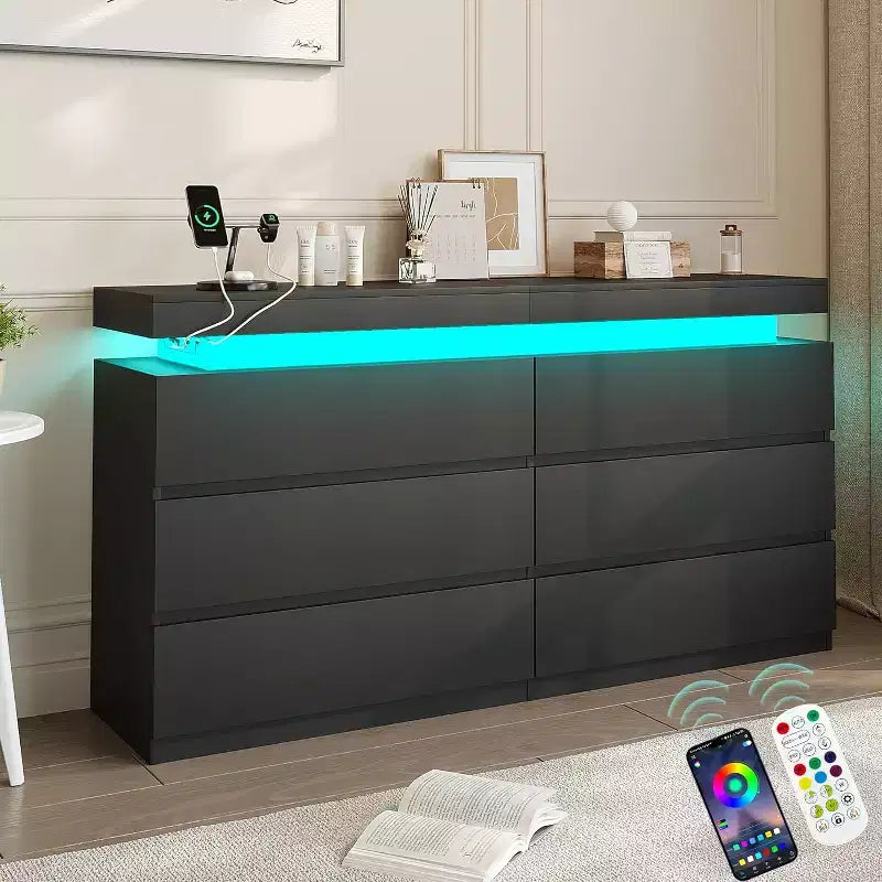 Commode moderne à 6 tiroirs - meuble de rangement avec lumières LED, rangement coulissant supérieur, chambre à coucher, salon