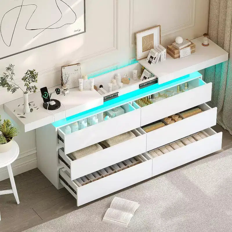 Commode moderne à 6 tiroirs - meuble de rangement avec lumières LED, rangement coulissant supérieur, chambre à coucher, salon
