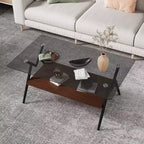 Table basse moderne à 2 niveaux avec plateau en verre trempé et pieds en métal robustes, table d'appoint centrale avec étagère ouverte pour le salon