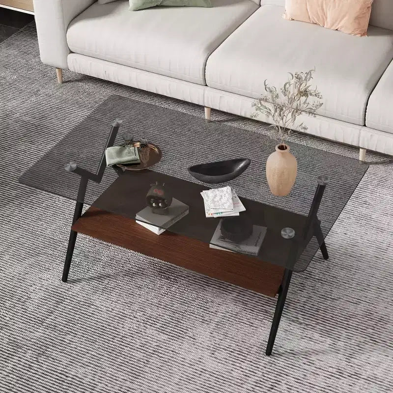 Table basse moderne à 2 niveaux avec plateau en verre trempé et pieds en métal robustes, table d'appoint centrale avec étagère ouverte pour le salon