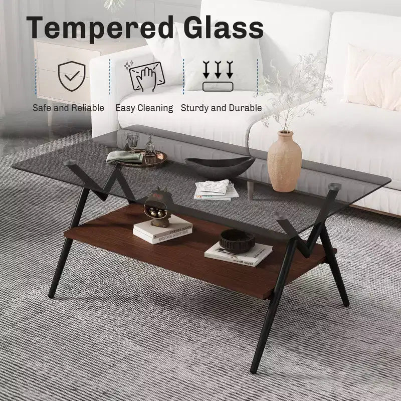 Table basse moderne à 2 niveaux avec plateau en verre trempé et pieds en métal robustes, table d'appoint centrale avec étagère ouverte pour le salon
