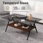 Table basse moderne à 2 niveaux avec plateau en verre trempé et pieds en métal robustes, table d'appoint centrale avec étagère ouverte pour le salon