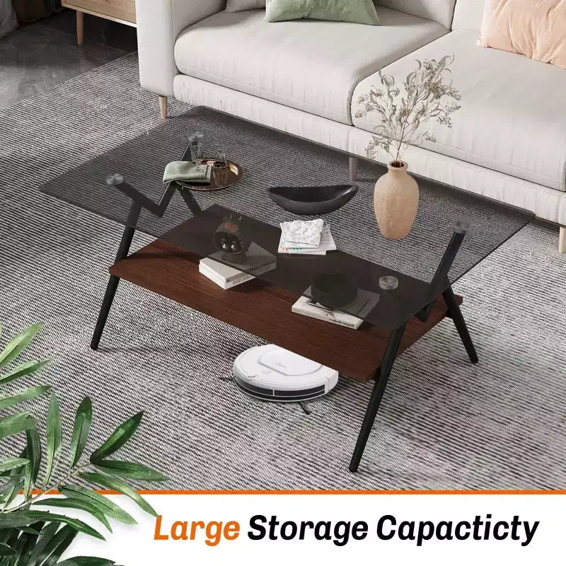 Table basse moderne à 2 niveaux avec plateau en verre trempé et pieds en métal robustes, table d'appoint centrale avec étagère ouverte pour le salon