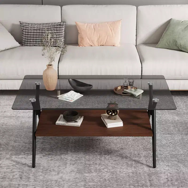 Table basse moderne à 2 niveaux avec plateau en verre trempé et pieds en métal robustes, table d'appoint centrale avec étagère ouverte pour le salon