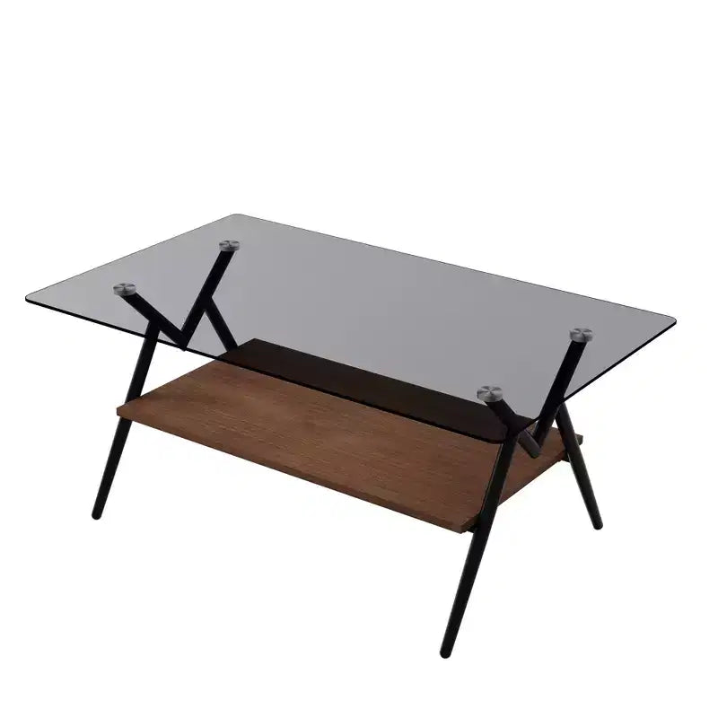 Table basse moderne à 2 niveaux avec plateau en verre trempé et pieds en métal robustes, table d'appoint centrale avec étagère ouverte pour le salon