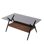 Table basse moderne à 2 niveaux avec plateau en verre trempé et pieds en métal robustes, table d'appoint centrale avec étagère ouverte pour le salon