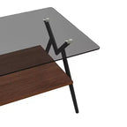 Table basse moderne à 2 niveaux avec plateau en verre trempé et pieds en métal robustes, table d'appoint centrale avec étagère ouverte pour le salon