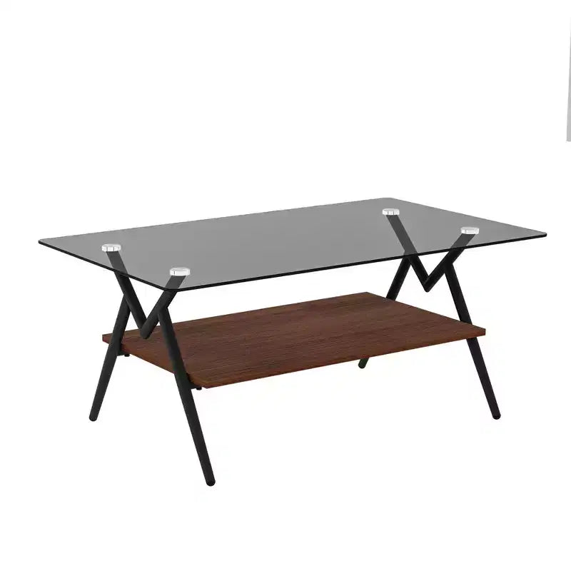 Table basse moderne à 2 niveaux avec plateau en verre trempé et pieds en métal robustes, table d'appoint centrale avec étagère ouverte pour le salon