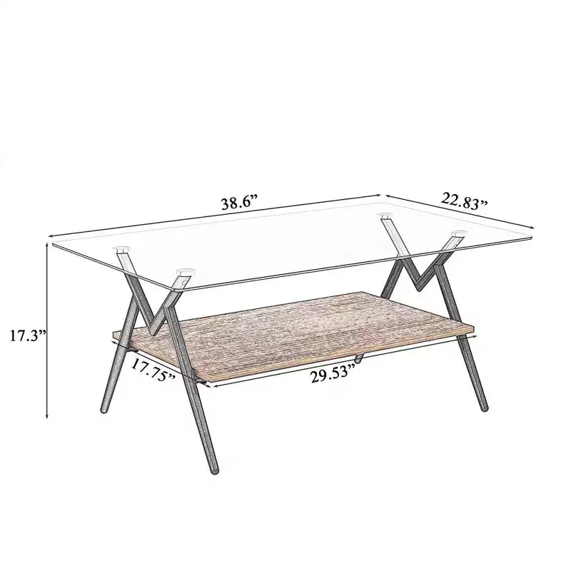 Table basse moderne à 2 niveaux avec plateau en verre trempé et pieds en métal robustes, table d'appoint centrale avec étagère ouverte pour le salon