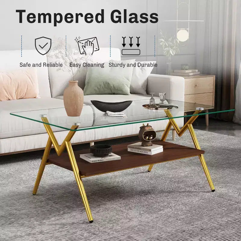 Table basse moderne à 2 niveaux avec plateau en verre trempé et pieds en métal robustes, table d'appoint centrale avec étagère ouverte pour le salon