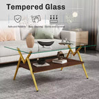 Table basse moderne à 2 niveaux avec plateau en verre trempé et pieds en métal robustes, table d'appoint centrale avec étagère ouverte pour le salon