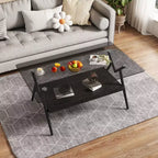 Table basse moderne à 2 niveaux avec plateau en verre trempé et pieds en métal robustes, table d'appoint centrale avec étagère ouverte pour le salon