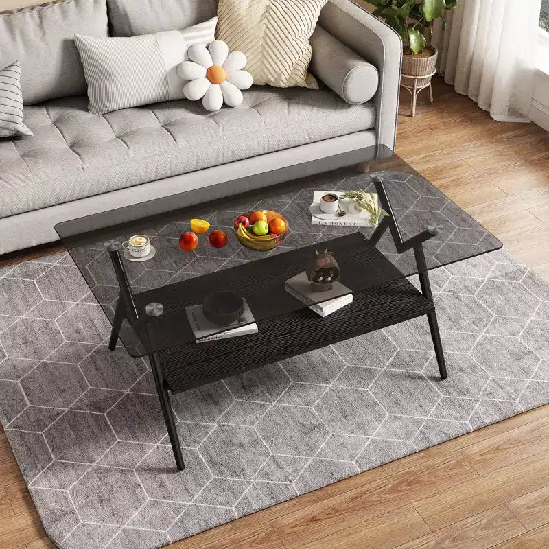 Table basse moderne à 2 niveaux avec plateau en verre trempé et pieds en métal robustes, table d'appoint centrale avec étagère ouverte pour le salon