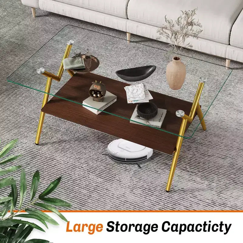 Table basse moderne à 2 niveaux avec plateau en verre trempé et pieds en métal robustes, table d'appoint centrale avec étagère ouverte pour le salon