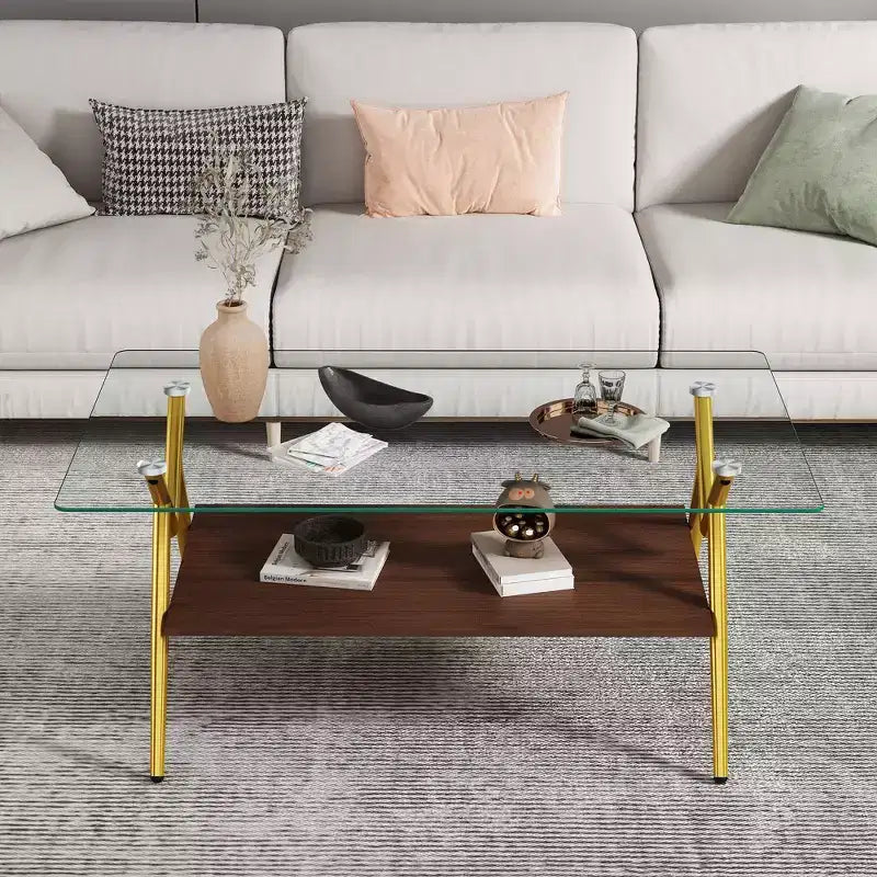 Table basse moderne à 2 niveaux avec plateau en verre trempé et pieds en métal robustes, table d'appoint centrale avec étagère ouverte pour le salon