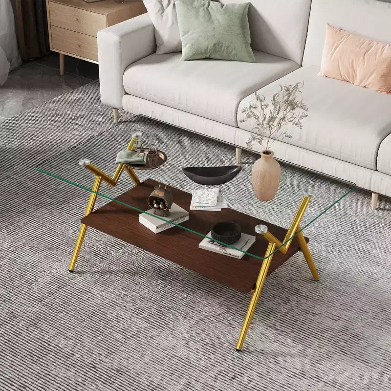 Table basse moderne à 2 niveaux avec plateau en verre trempé et pieds en métal robustes, table d'appoint centrale avec étagère ouverte pour le salon
