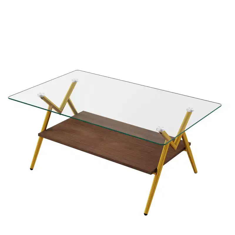 Table basse moderne à 2 niveaux avec plateau en verre trempé et pieds en métal robustes, table d'appoint centrale avec étagère ouverte pour le salon