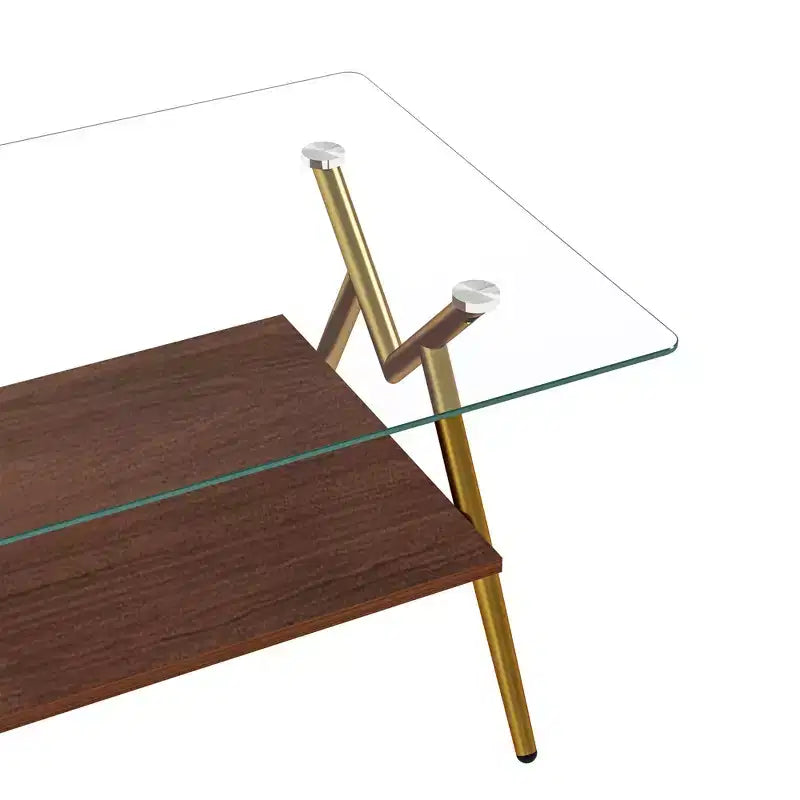 Table basse moderne à 2 niveaux avec plateau en verre trempé et pieds en métal robustes, table d'appoint centrale avec étagère ouverte pour le salon