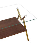 Table basse moderne à 2 niveaux avec plateau en verre trempé et pieds en métal robustes, table d'appoint centrale avec étagère ouverte pour le salon