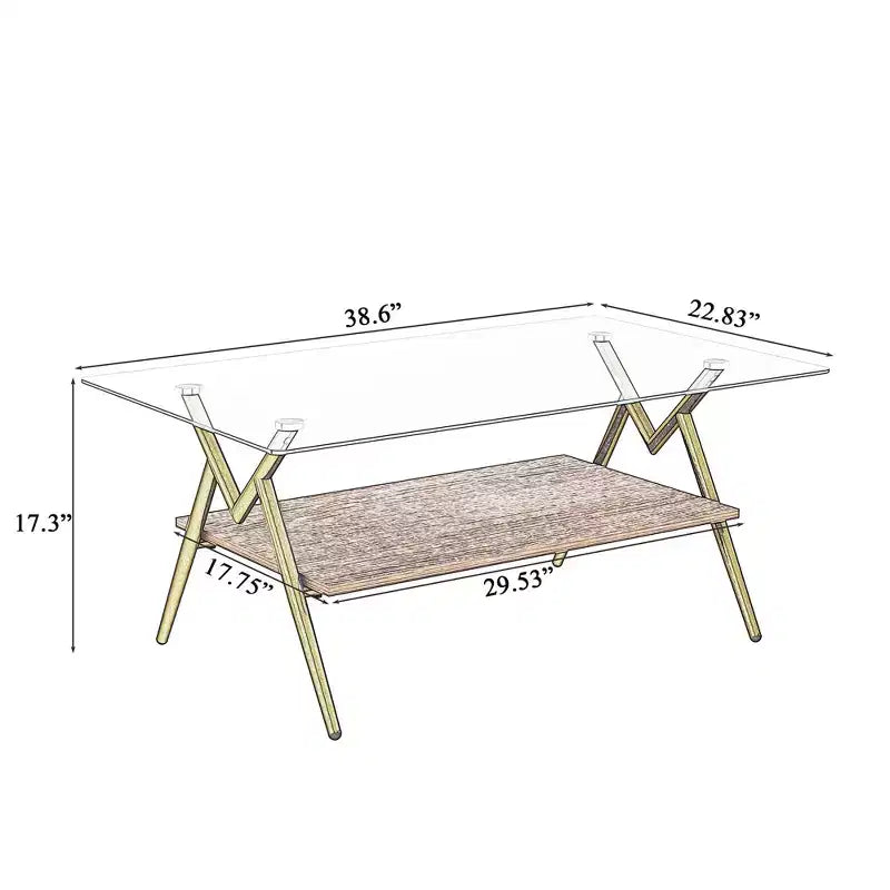Table basse moderne à 2 niveaux avec plateau en verre trempé et pieds en métal robustes, table d'appoint centrale avec étagère ouverte pour le salon