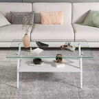 Table basse moderne à 2 niveaux avec plateau en verre trempé et pieds en métal robustes, table d'appoint centrale avec étagère ouverte pour le salon