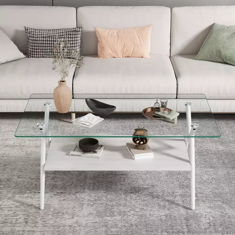 Table basse moderne à 2 niveaux avec plateau en verre trempé et pieds en métal robustes, table d'appoint centrale avec étagère ouverte pour le salon