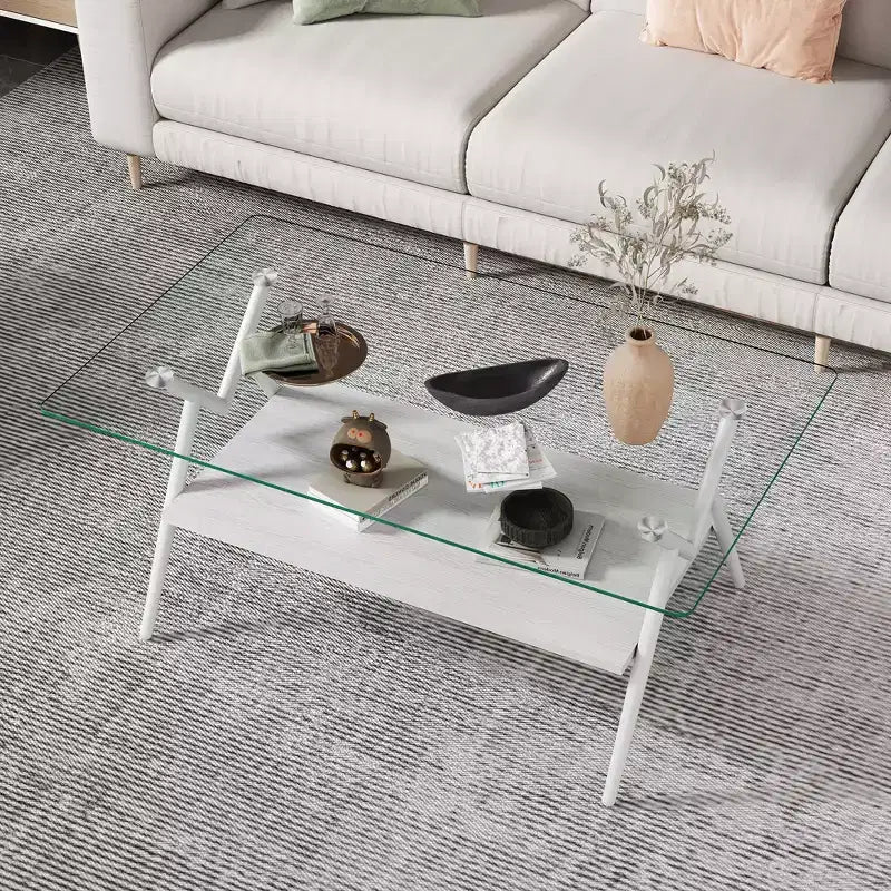 Table basse moderne à 2 niveaux avec plateau en verre trempé et pieds en métal robustes, table d'appoint centrale avec étagère ouverte pour le salon