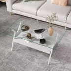 Table basse moderne à 2 niveaux avec plateau en verre trempé et pieds en métal robustes, table d'appoint centrale avec étagère ouverte pour le salon