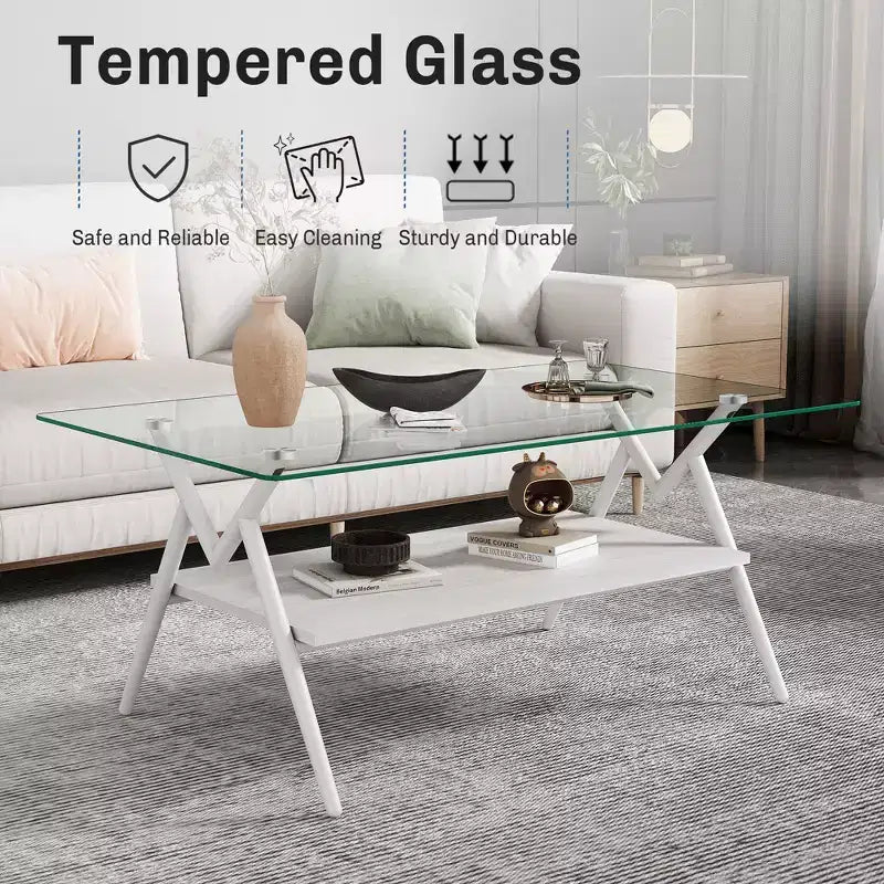 Table basse moderne à 2 niveaux avec plateau en verre trempé et pieds en métal robustes, table d'appoint centrale avec étagère ouverte pour le salon