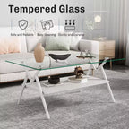 Table basse moderne à 2 niveaux avec plateau en verre trempé et pieds en métal robustes, table d'appoint centrale avec étagère ouverte pour le salon