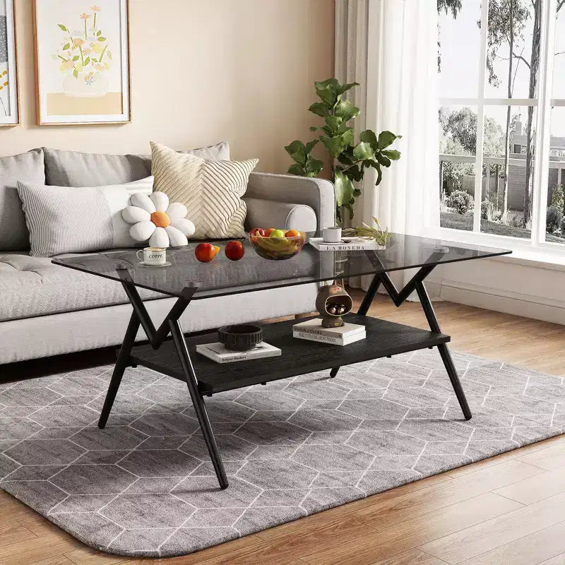 Table basse moderne à 2 niveaux avec plateau en verre trempé et pieds en métal robustes, table d'appoint centrale avec étagère ouverte pour le salon