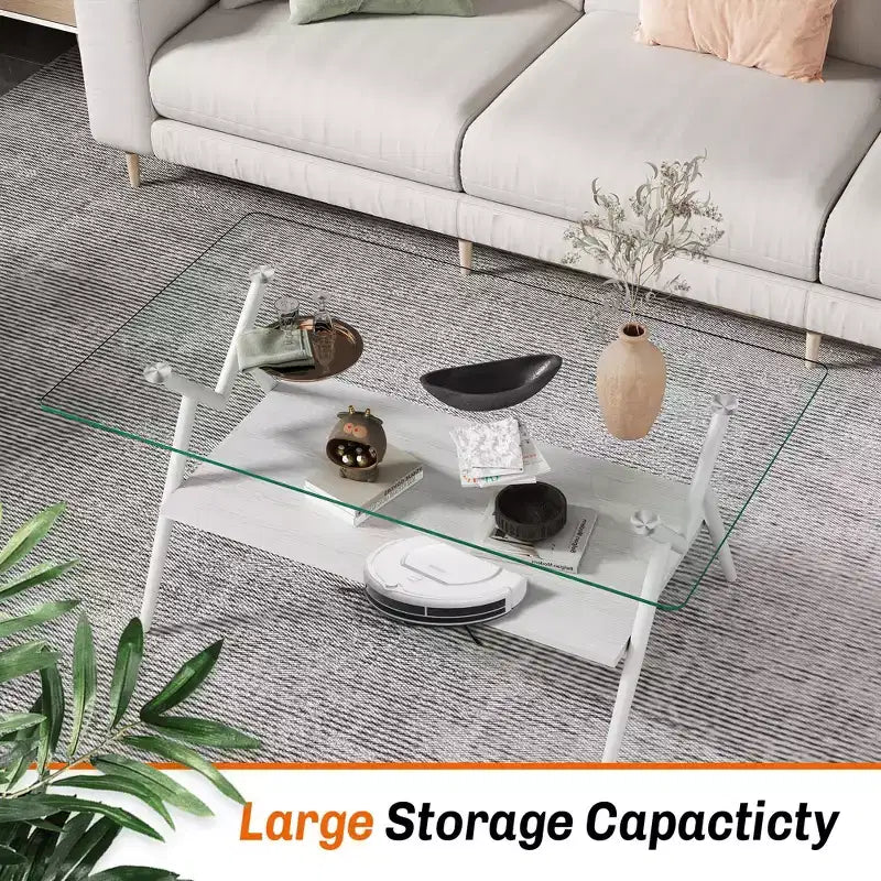 Table basse moderne à 2 niveaux avec plateau en verre trempé et pieds en métal robustes, table d'appoint centrale avec étagère ouverte pour le salon