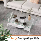 Table basse moderne à 2 niveaux avec plateau en verre trempé et pieds en métal robustes, table d'appoint centrale avec étagère ouverte pour le salon