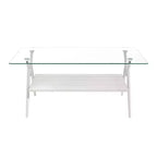 Table basse moderne à 2 niveaux avec plateau en verre trempé et pieds en métal robustes, table d'appoint centrale avec étagère ouverte pour le salon