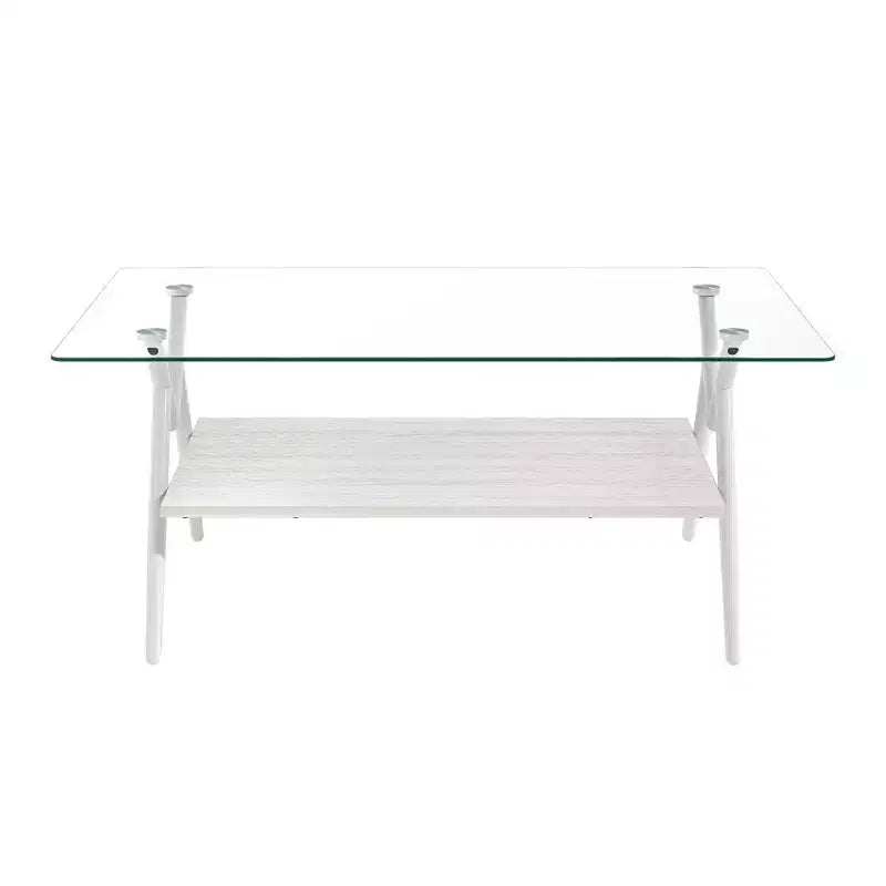 Table basse moderne à 2 niveaux avec plateau en verre trempé et pieds en métal robustes, table d'appoint centrale avec étagère ouverte pour le salon