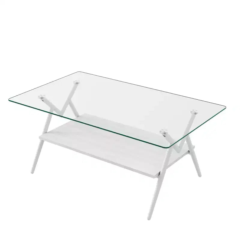 Table basse moderne à 2 niveaux avec plateau en verre trempé et pieds en métal robustes, table d'appoint centrale avec étagère ouverte pour le salon