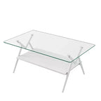 Table basse moderne à 2 niveaux avec plateau en verre trempé et pieds en métal robustes, table d'appoint centrale avec étagère ouverte pour le salon